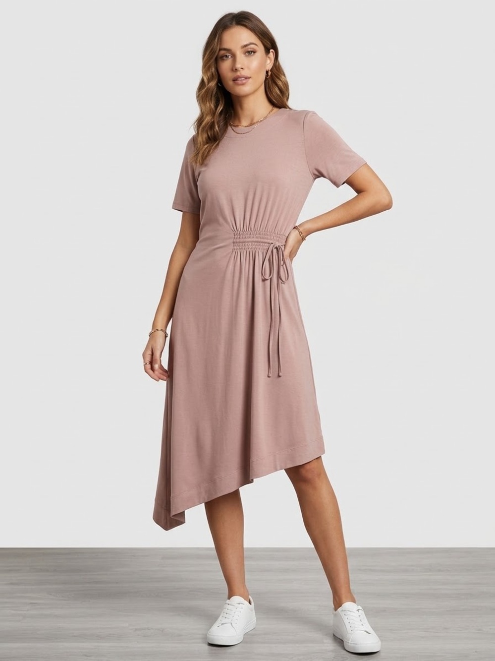 Badgley Mischka Dusty Rose Asymmetric Tie-Waist Midi Dress